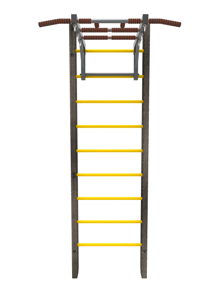 Брашированная шведская стенка "Кастерли" Black с турником (Желтые ступени)